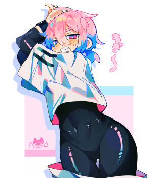 1boy absurdres angry artist_logo black_bodysuit blue_eyes blush bodysuit bright_pupils clenched_teeth commentary_request covered_navel cowboy_shot crop_top fang hair_between_eyes heterochromia highres jitome layered_sleeves leaning_to_the_side legs_together logo long_sleeves male_focus original pink_eyes pink_hair raito-kun_(uenomigi) shadow shirt short_hair short_over_long_sleeves short_sleeves silhouette solo square standing sweat sweatdrop teeth thigh_gap translation_request trap uenomigi white_background white_pupils white_shirt