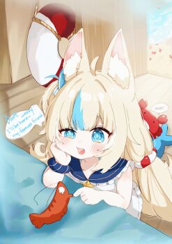 Rule 34 | 1girl, absurdres, animal ears, beach, blonde hair, blue eyes, blue hair, cat ears, crab, dress, ebi-chan (gawr gura), fang, fins, fish girl, fish tail, head rest, highres, hololive, hololive english, indie virtual youtuber, kaniki (sameko saba), la69lala, long hair, looking at viewer, multicolored hair, open mouth, sameko saba, sand, skin fang, sleeveless, sleeveless dress, smile, streaked hair, tail, very long hair, virtual youtuber, water, white dress