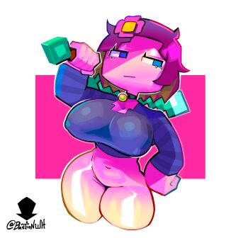 1girl absurdres artist_logo artist_name bastionwh blue_eyes bottomless breasts brown_hair cleavage commentary cropped_shirt diamond_(minecraft) english_commentary flower hair_flower hair_ornament hand_on_own_hip highres holding holding_sword holding_weapon jenny_belle_(slipperyt) large_breasts logo long_sleeves looking_to_the_side minecraft minecraft_(style) minecraft_sword navel nipples no_panties no_pants original shiny_skin short_hair solo striped_clothes sword thighhighs weapon wide_hips