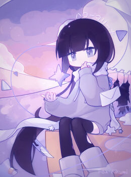 1girl artist_name black_hair black_thighhighs blunt_bangs blush boots box boxcutter closed_mouth cloud commentary english_commentary feet_out_of_frame floating floating_object fox_kikumi grey_eyes grey_sweater hands_up hello_marina_(vocaloid) highres inabakumori long_hair long_scarf long_sleeves looking_at_object no_pants object_floating_above_hand on_box osage_(nukunuku_nigirimeshi) purple_background scarf scarf_pull sitting sitting_on_box snow solo song_name star_(symbol) sweater thighhighs torn_clothes torn_thighhighs very_long_hair white_scarf