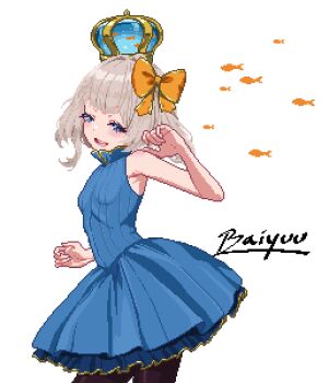 1girl armpits artist_name baiyuu black_thighhighs blonde_hair blue_crown blue_dress blue_eyes blush bow breasts commentary cowboy_shot crown dot_nose dress fish frilled_dress frills from_side goldfish hair_bow happy head_tilt high_collar highres looking_at_viewer marimari_(marimari_2.0)_(vtuber) marimari_(vtuber) medium_hair open_mouth orange_bow phase_connect pixel_art side_ponytail simple_background single_bare_shoulder sleeveless sleeveless_dress small_breasts solo standing sweater sweater_dress teeth thighhighs turning_head untranslatable_commentary virtual_youtuber water white_background