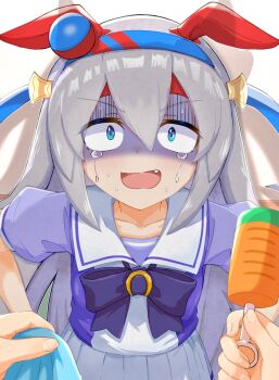 animal_ears blue_eyes blue_hairband blush bow ear_bow ear_covers ear_ornament fang grey_hair grey_tail hair_between_eyes hairband headband highres holding holding_rattle horse_ears horse_girl horse_tail long_hair multiple_girls open_mouth rattle red_headband school_uniform shirt smile striped_clothes striped_hairband super_creek_(umamusume) tail tamamo_cross_(umamusume) tracen_school_uniform umamusume umamusume:_cinderella_gray very_long_hair yashimo_1875