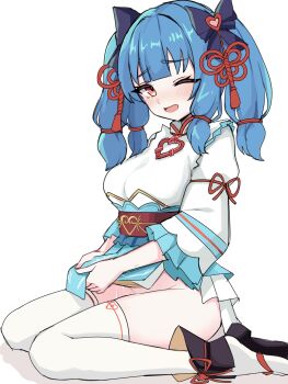 1girl blue_hair blush breasts gekkaroujin_(monster_strike) hair_ribbon half-closed_eye highres large_breasts monster_strike orange_hair pad_sex_cyclops raised_inner_eyebrows ribbon simple_background sitting skirt solo thick_thighs thighhighs thighs white_background white_thighhighs