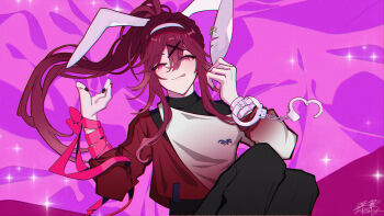 1boy :q absurdres animal_ear_piercing animal_ears asymmetrical_clothes bed_sheet black_nails black_pants chromatic_aberration closed_mouth cuffs derivative_work double-parted_bangs ensemble_stars! fake_animal_ears fingernails gradient_clothes gradient_shirt gradient_sleeves hair_flaps hair_ornament hairband handcuffs high_ponytail highres knees_up licking_lips long_hair long_sleeves looking_at_viewer lying madoka_nozomi male_focus nail_polish narrowed_eyes notched_ear on_back on_bed pants ponytail purple_background rabbit_ears rabbit_hole_(vocaloid) red_eyes red_hair red_ribbon ribbon sheet_grab shendi_2021 shirt signature single-shoulder_shirt solo sparkle sparkling_aura tongue tongue_out undershirt upper_body white_hairband white_shirt wrist_ribbon x_hair_ornament