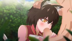 1boy 1girl animal_ear_fluff animal_ears animated blurry blurry_foreground blush bow bowtie brown_eyes brown_hair cat_ears cat_girl cat_tail chen clothed_female_nude_male cum cum_in_mouth day ejaculation fellatio grass hair_between_eyes hand_on_another&#039;s_head head_out_of_frame hetero highres irrumatio no_headwear nude open_mouth oral outdoors penis pumping puruti red_vest short_hair solo_focus tail touhou tree uncensored upper_body vest video white_bow white_bowtie