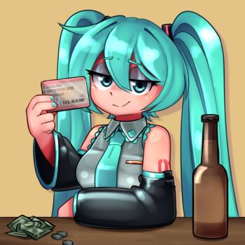 1girl aqua_eyes aqua_hair aqua_necktie aqua_trim arm_on_table arm_tattoo banknote bare_shoulders beer_bottle black_sleeves bottle closed_mouth coin collared_shirt detached_sleeves dollar_bill electronic_baka grey_shirt hatsune_miku holding holding_id_card id_card long_hair looking_at_viewer money necktie number_tattoo shirt smug table tattoo twintails vocaloid yellow_background