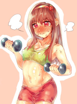 1girl bike_shorts blush breasts brown_hair cleavage closed_mouth commentary_request cookie_(touhou) covered_erect_nipples cowboy_shot doi exercising food-themed_hair_ornament green_sports_bra hair_ornament hairband highres ichigo_(cookie) long_hair looking_at_viewer medium_breasts navel nose_blush pink_background red_eyes red_hairband red_shorts shorts simple_background solo sports_bra strawberry_hair_ornament sweat weightlifting