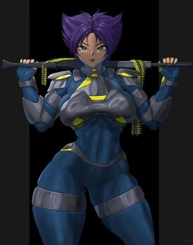 1girl ammunition_belt armored_bodysuit black_background blue_bodysuit bodysuit cropped_legs ggrimmfield green_eyes gun highres holding holding_gun holding_weapon konoko_(oni) oni_(game) purple_hair solo thighs watermark weapon weapon_on_back