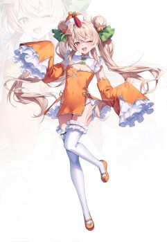 1boy ;d absurdres black_panties blush brown_hair china_dress chinese_clothes cleavage_cutout clothing_cutout commentary_request covered_navel crossdressing crossdressing_(mtf) crossed_bangs detached_sleeves double_bun dress flat_chest floating_hair frilled_sleeves frilled_thigh_strap frills gam_gyuri hair_between_eyes hair_bobbles hair_bun hair_ornament hat highres indie_virtual_youtuber korean_commentary long_hair looking_at_viewer male_focus ofuda one_eye_closed open_mouth orange_dress orange_eyes orange_shoes orange_sleeves panties pelvic_curtain qingdai_guanmao shoes short_dress sleeveless sleeves_past_fingers sleeves_past_wrists smile standing standing_on_one_leg string_panties thigh_strap thighhighs trap twintails twitter_username ugwa underwear very_long_hair virtual_youtuber white_background white_thighhighs zoom_layer