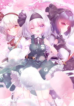 Rule 34 | 3girls, absurdres, adako yunagi, alternate color, alternate hair color, black bow, black bowtie, black hairband, black skirt, black vest, blurry, blush, bow, bowtie, breasts, brown hairband, cherry blossoms, collared shirt, commentary request, curiosities of lotus asia, depth of field, falling petals, frilled skirt, frills, green skirt, green vest, grey hair, hairband, highres, hitodama, hitodama print, holding, holding sword, holding weapon, katana, konpaku youmu, konpaku youmu (ghost), konpaku youmu (mysterious sword master), large breasts, long hair, long sleeves, looking at viewer, medium hair, multiple girls, multiple persona, one eye closed, open mouth, petals, pink petals, print skirt, print vest, purple hair, purple shirt, red eyes, sheath, sheathed, shirt, signature, skirt, skirt set, smile, socks, sword, touhou, touhou lostword, vest, weapon, white shirt, white socks, yellow eyes, youmu day