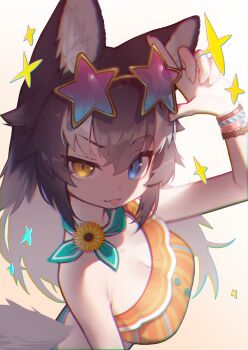 1girl :p adjusting_eyewear akuma_(st.takuma) animal_ear_fluff animal_ears bare_shoulders bikini blue_eyes blue_scarf blush bracelet breasts commentary eyewear_on_head grey_hair grey_wolf_(kemono_friends) hair_between_eyes heterochromia highres jewelry kemono_friends kemono_friends_3 large_breasts long_hair looking_at_viewer looking_to_the_side multicolored_hair official_alternate_costume orange_bikini scarf sidelocks simple_background sleeveless solo sparkle star-shaped_eyewear star_(symbol) sunglasses swimsuit tail tongue tongue_out upper_body white_background white_hair wolf_ears wolf_girl wolf_tail yellow_eyes