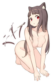 1girl :o animal_ears barefoot cat_ears cat_girl cat_tail collarbone commentary_request completely_nude lolittleboy nude original red_eyes simple_background solo tail tail_wagging white_background