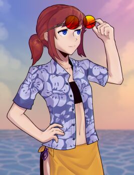 1girl a_hat_in_time adjusting_eyewear aged_up alternate_costume bandeau bikini black-framed_eyewear black_bandeau black_tube_top blue_eyes blue_shirt brown_hair check_clothing closed_mouth clothing_request cloud collarbone commentary cowboy_shot english_commentary eyewear_on_head floral_print floral_print_shirt fujimna hair_tie hand_on_eyewear hand_on_own_hip hat_kid hawaiian_shirt highres medium_hair navel ocean open_clothes open_shirt orange-tinted_eyewear outdoors ponytail purple_bikini removing_eyewear sarong shirt short_sleeves side-tie_bikini_bottom sidelocks smile solo split_mouth strapless sunglasses sunset swimsuit tinted_eyewear tube_top water yellow_sarong