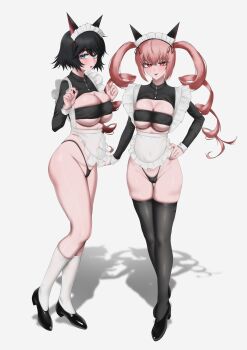 2girls absurdres akiha_rumiho alternate_costume animal_ears aqua_eyes bandeau black_hair black_panties black_shoes black_thighhighs blush breasts cat_ears clothing_request commentary_request covered_navel drill_hair enmaided fake_animal_ears hand_on_own_hip highleg highleg_panties highres kneehighs koha_2652 large_breasts long_hair looking_at_viewer maid maid_headdress medium_breasts multiple_girls narrowed_eyes navel panties pink_hair science_adventure shiina_mayuri shoes short_hair smile socks standing steins;gate thighhighs triangle_mouth twin_drills twintails underwear white_socks
