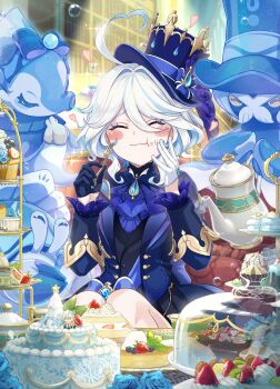 Rule 34 | 1girl, :t, absurdres, ahoge, black gloves, black hair, black jacket, blue hair, blue hat, blush, cake, closed eyes, closed mouth, cupcake, food, furina (genshin impact), genshin impact, gentilhomme usher, gloves, hair between eyes, hat, highres, itsumono katze, jacket, jewelry, long sleeves, mademoiselle crabaletta, medium hair, multicolored hair, neuvillette (genshin impact), smile, solo, streaked hair, surintendante chevalmarin, symbol-shaped pupils, teapot, top hat, vision (genshin impact), white gloves, white hair