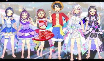 1boy 5girls :d ;) ^_^ aokaze_nana bare_shoulders black_hair blue_dress blue_eyes blue_shorts blurry blurry_background blush brown_sandals chestnut_mouth closed_eyes closed_mouth collarbone commentary_request crossover cure_idol cure_kiss cure_kyunkyun cure_wink cure_zukyuun depth_of_field detached_sleeves double_v dress fur-trimmed_shorts fur_trim grey_dress grey_hair hair_ornament hairband hairclip hand_up kimi_to_idol_precure kou_hiyoyo long_hair midriff monkey_d._luffy multiple_girls navel one_eye_closed one_piece open_clothes open_mouth open_shirt parted_lips pink_hairband plaid_clothes plaid_dress precure puffy_short_sleeves puffy_sleeves purple_dress purple_eyes purple_hair red_shirt red_skirt sakura_uta_(precure) sandals scar scar_on_chest shigure_kokoro shirt short_sleeves shorts skirt smile standing standing_on_one_leg tanaka_meron tanaka_purin twintails v very_long_hair white_dress white_shirt white_sleeves