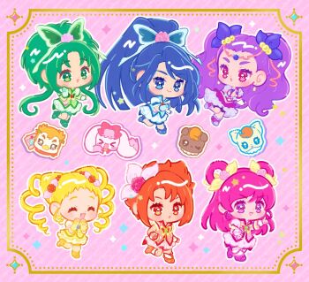 Rule 34 | 6+girls, :o, ^ ^, akimoto komachi, animal print, big hair, blonde hair, blue boots, blue bow, blue dress, blue flower, blue gemstone, blue hair, blue rose, blue shorts, blue vest, blunt ends, boots, bow, bowtie, brooch, butterfly earrings, butterfly hair ornament, butterfly print, chibi, circlet, clenched hand, closed eyes, coattails, coco (yes! precure 5), collared socks, collared vest, cone hair bun, cure aqua, cure dream, cure lemonade, cure mint, cure rouge, dot nose, double bun, dress, drill hair, dual persona, earrings, eyelashes, flower, footwear bow, forehead, frilled sleeves, frilled thigh strap, frills, gem, green arm warmers, green boots, green dress, green eyes, green gemstone, green hair, green shorts, green vest, hair between eyes, hair bobbles, hair bow, hair bun, hair flower, hair ornament, hair rings, hand on own cheek, hand on own face, hands on own chin, happy, high collar, high heel boots, high heels, high ponytail, jewelry, kashitani futaba, kasugano urara (yes! precure 5), kneehighs, leg up, light blush, long hair, looking at another, low twintails, magical girl, milk (yes! precure 5), milky rose, mimino kurumi, minazuki karen, multiple girls, natsuki rin, nuts (yes! precure 5), open mouth, orange boots, orange eyes, orange flower, orange hair, orange rose, orange vest, outline, parted bangs, pendant earring, picture frame, pink background, pink boots, pink bow, pink bowtie, pink dress, pink eyes, pink flower, pink hair, pink rose, pink vest, pleated dress, pointing, pointing forward, ponytail, precure, print bow, print bowtie, puffy short sleeves, puffy sleeves, purple boots, purple bow, purple dress, purple hair, purple shorts, red bow, red bowtie, red dress, red gemstone, rose, short dress, short hair, short sleeves, shorts, shorts under dress, smile, socks, sparkle, striped background, syrup (yes! precure 5), tareme, thigh strap, thighhighs, twin drills, twintails, v-shaped eyebrows, very long hair, vest, waist bag, white arm warmers, white bag, white outline, white socks, yellow arm warmers, yellow boots, yellow bow, yellow bowtie, yellow dress, yellow thighhighs, yellow vest, yes! precure 5, yes! precure 5 gogo!, yumehara nozomi