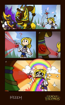 1girl 4koma annoyed blonde_hair cloud comic league_of_legends lux_(league_of_legends) nasus phsueh rainbow tail tail_wagging teemo
