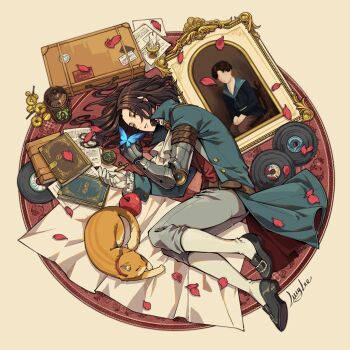 1boy ascot blue_butterfly blue_coat book briefcase bug butterfly candle carlo_(lies_of_p) cat coat commentary english_commentary gemini_(lies_of_p) gloves grey_pants hair_spread_out insect lantern lies_of_p lucylee158 lying male_focus mechanical_arms on_side painting_(object) pants pinocchio_(lies_of_p) prosthesis prosthetic_arm signature single_mechanical_arm sleeping spring_(lies_of_p) white_ascot white_gloves