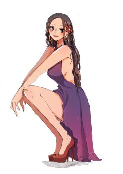 1girl black_hair bracelet closed_mouth commentary dress earrings flower full_body glint hair_flower hair_ornament halter_dress halterneck high_heels highres jewelry long_hair nico_robin one_piece purple_dress red_shoes ria_(917_ria) shoes simple_background smile snake_earrings solo squatting white_background