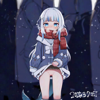 1girl absurdres blue_coat blue_eyes blue_hair blunt_bangs blush bow coat commentary_request exhibitionism fins fish_tail gawr_gura gawr_gura_(winter_casual) gluteal_fold hair_ornament hair_ribbon highres hololive hololive_english loli long_hair looking_at_viewer multicolored_hair no_panties official_alternate_costume official_alternate_hairstyle ontake2009 outdoors public_indecency red_scarf ribbon scarf scarf_bow shark_girl shark_tail solo streaked_hair tail thighs upskirt virtual_youtuber white_hair winter_clothes winter_coat x_hair_ornament