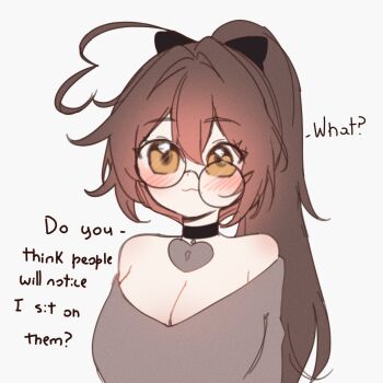 1girl :3 ahoge black_choker blush breasts brown_eyes brown_hair choker crooked_eyewear english_text grey_sweater heart heart-shaped_lock heart_ahoge heart_choker heart_collar highres indie_virtual_youtuber large_breasts long_hair off-shoulder_sweater off_shoulder ponytail round_eyewear sky_above_me sky_above_me_(vtuber) sweater upper_body virtual_youtuber