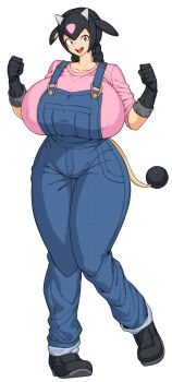 Rule 34 | 1girl, animal ears, black hair, blue eyes, braid, breasts, covered erect nipples, cow girl, curvy, denim, female focus, fist pump, full body, gen 2 pokemon, gigantic breasts, gloves, highres, horns, legs together, long hair, looking at viewer, miltank, nintendo, open mouth, overalls, personification, pink shirt, pokemon, pokemon tail, shirt, simple background, smile, solo, spacezin, standing, tail, teeth, thick thighs, thighs, tongue, twin braids, white background, wide hips