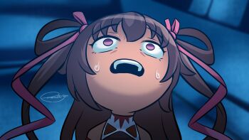 1girl artist_name bad_tag brown_hair dark-skinned_female dark_skin highres looking_up meme mizuki_yukikaze nervous open_mouth pink_ribbon redrawn remchi301 ribbon signature solo surprised sweatdrop taimanin_(series) taimanin_yukikaze willem_dafoe_looking_up_(meme)