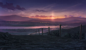 city_lights cloud commentary_request highres landscape mountain no_humans original outdoors path pei_(sumurai) purple_sky road scenery signature sky star_(sky) twilight