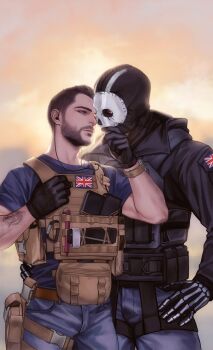 Rule 34 | 2boys, bara, belt, black gloves, black hair, black jacket, blue pants, blue shirt, brown belt, bulletproof vest, call of duty, call of duty: modern warfare 2, couple, facial hair, ghost (modern warfare 2), gloves, highres, jacket, looking at another, male focus, mask, multiple boys, muscular, muscular male, pants, shirt, short hair, skull mask, soap (modern warfare 2), watch, wristwatch, yaoi, zhyphenth