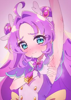 1girl ahoge aqua_eyes arm_up armpits blush bow closed_mouth cure_answer double_bun fingerless_gloves gloves gradient_background hair_bun hair_intakes hair_ornament heart hitotomo loli long_hair looking_at_viewer magical_girl meitantei_precure! precure presenting_armpit purple_hair simple_background solo sweat upper_body white_gloves