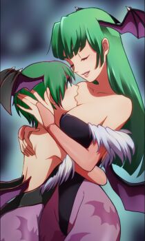 1boy 1girl animal_print back bare_back bat_print bearhug bodysuit breasts bridal_gauntlets cleavage closed_eyes collant crossdressing cuddling darkstalkers demon_wings bare_shoulders green_hair happy head_wings highleg highleg_leotard hug incest large_breasts leotard long_hair mature_female mizu_(rain-mbdn) morrigan_aensland mother_and_son parted_lips pillarboxed print_legwear rain-mbdn short_hair shota son trap very_short_hair wings
