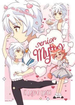 1boy 1girl ahiru_(princess_tutu) ahoge animal ballet bird black_pants blue_eyes braid character_name closed_mouth collarbone commentary english_commentary english_text feathers heart hetero juliet_sleeves long_sleeves male_focus mytho_(princess_tutu) orange_eyes orange_hair pale_skin pants pink_background pink_petals princess_tutu puffy_sleeves shirt shoes short_hair single_braid smile spiked_hair veronica_campbell white_feathers white_hair white_shirt white_shoes