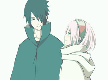 1boy 1girl black_cloak black_eyes black_hair blush cloak closed_mouth forehead_protector green_eyes hair_over_one_eye haruno_sakura konohagakure_symbol looking_at_another mochiii-s naruto:_the_last naruto_(series) parted_lips pink_hair short_hair smile uchiha_sasuke upper_body white_background white_cloak