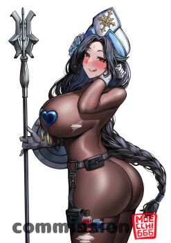 1girl artist_name ass black_hair blush bodystocking breasts commission cowboy_shot from_side goddess_of_victory:_nikke heart heart-shaped_pupils highres holding holding_polearm holding_weapon huge_ass huge_breasts maiden_(ice_rose)_(nikke) maiden_(nikke) moecchi naughty_face parted_bangs pasties polearm potion priestess red_eyes sideboob smile solo standing symbol-shaped_pupils tongue tongue_out watermark weapon