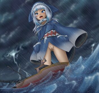 1girl :d alloyrabbit animal_costume animal_hood blue_eyes blue_hair blue_hoodie blunt_bangs blush boat cleft_of_venus cloud fake_tail female_focus fins fish_skeleton fish_tail fishing_line full_cleft gawr_gura giant giantess highres hololive hololive_english hood hood_up hoodie lightning loli long_hair long_sleeves looking_down multicolored_hair no_panties ocean open_mouth outdoors pussy rain saliva saliva_trail shark_costume shark_hood shark_tail sharp_teeth sidelocks silver_hair sky sleeves_past_fingers sleeves_past_wrists smile solo standing storm streaked_hair tail teeth uncensored uvula virtual_youtuber wading water watercraft waves