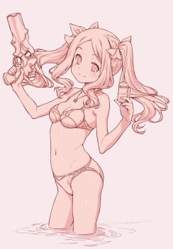 1girl bikini breasts bullet cleavage cowboy_shot fate/grand_order fate_(series) from_side gun hair_ribbon highres holding holding_bullet holding_gun holding_weapon jewelry kazuma_muramasa leonardo_da_vinci_(fate) leonardo_da_vinci_(fate/grand_order) leonardo_da_vinci_(rider)_(fate) leonardo_da_vinci_(swimsuit_ruler)_(fate) looking_at_viewer looking_to_the_side monochrome navel necklace pink_theme ribbon ripples skindentation small_breasts smile solo star_(symbol) star_necklace swimsuit twintails wading weapon