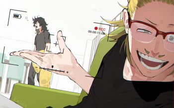 2boys aizawa_shota black_hair black_pants black_shirt boku_no_hero_academia camera_view chair closed_eyes commentary_request couch facial_hair glasses grey_eyes hair_slicked_back indoors kaidou_j1 long_hair male_focus multiple_boys mustache on_couch open_mouth pants present_mic recording red-framed_eyewear shirt sitting smile teeth yawning