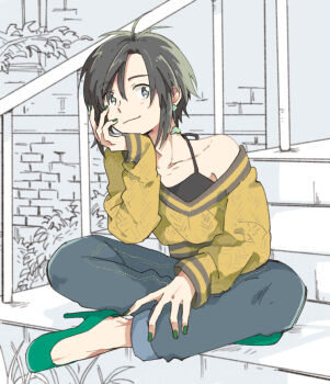 1girl antenna_hair aoic black_eyes black_hair black_tank_top blouse brick_wall bush crossed_legs denim earrings grass green_nails hand_on_own_chin handrail high_heels idolmaster idolmaster_(classic) jeans jewelry kikuchi_makoto looking_at_viewer nail_polish off_shoulder outdoors pants shirt short_hair sitting smile solo stairs tank_top
