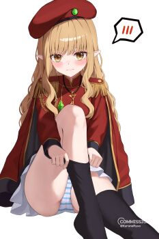 1girl absurdres ass beret black_thighhighs blonde_hair blue_panties blush brooch cape commission elf embarrassed epaulettes hat highres jacket jewelry key key_necklace knee_up kurone_(kurone_ryuo) long_hair long_sleeves looking_at_viewer necklace original panties pantyshot pleated_skirt pointy_ears putting_on_legwear red_cape red_hat red_jacket simple_background sitting skirt solo speech_bubble spoken_blush striped_clothes striped_panties thighhighs thighs twitter_username two-tone_panties underwear wavy_hair white_background white_panties white_skirt yellow_eyes