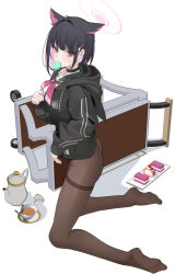 Rule 34 | 1girl, animal ears, black choker, black hair, black hoodie, black jacket, black pantyhose, blue archive, cake, cart, cat ears, choker, colored inner animal ears, colored inner hair, cup, extra ears, food, food in mouth, full body, halo, hood, hooded jacket, hoodie, jacket, kazusa (blue archive), kneeling, looking at viewer, mouth hold, multicolored hair, neckerchief, no pants, no shoes, pantyhose, pink halo, pink neckerchief, red eyes, short hair, solo, teacup, teapot, thighband pantyhose, toki88909, trinity general school logo, white background