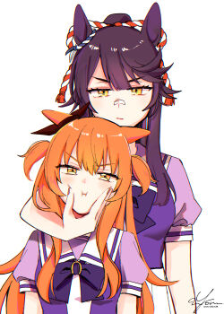 2girls :i absurdres animal_ears bandaid bandaid_on_face bandaid_on_nose blush bow bowtie cheek_piercing cheek_squash closed_mouth comiket_107 commentary_request completely_unamused ear_bow ear_ornament face_piercing highres horse_ears jitome kouhaku_nawa long_hair looking_at_viewer mayano_top_gun_(umamusume) multiple_girls narita_brian_(umamusume) orange_eyes orange_hair piercing ponytail pout puffy_short_sleeves puffy_sleeves purple_bow purple_bowtie purple_hair purple_shirt rope sailor_collar sailor_shirt school_uniform shimenawa shirt short_sleeves simple_background skirt straight-on tracen_school_uniform two_side_up umamusume unamused upper_body v-shaped_eyebrows white_background white_sailor_collar white_skirt yellow_eyes yonu_(yonurime)