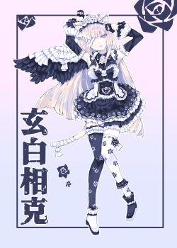 Rule 34 | 1girl, animal ears, arms up, ascot, asymmetrical footwear, asymmetrical legwear, bandaged tail, black dress, black gloves, black thighhighs, blonde hair, border, cat ears, cat girl, cat tail, detached sleeves, dress, expressionless, eyepatch, feathered wings, floral print, flower, frilled sleeves, frilled thigh strap, frills, full body, ganges gawa, gloves, gradient background, half gloves, highres, long hair, long sleeves, looking at viewer, mismatched footwear, mismatched legwear, original, outline, pink eyes, rose, rose print, see-through cleavage, see-through clothes, single wing, solo, tail, thigh strap, thighhighs, white ascot, white thighhighs, wings
