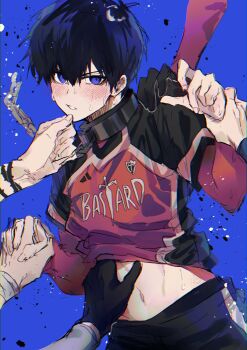 5boys absurdres black_shirt black_shorts blue_background blue_eyes blue_hair blue_lock blush character_request collar collared_shirt cowboy_shot grabbing_another&#039;s_chin hand_on_another&#039;s_chin hand_on_another&#039;s_shoulder highres holding_another&#039;s_arm isagi_yoichi long_sleeves looking_at_viewer male_focus michael_kaiser multiple_boys out_of_frame parted_lips red_shirt shirt short_hair shorts soccer_uniform solo_focus sportswear standing sweat two-tone_shirt unagibo v-shaped_eyebrows yaoi