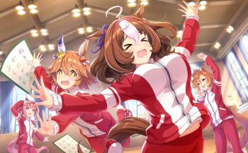 >_< +_+ ahoge animal_ear_piercing animal_ears artist_request blue_ribbon bow breasts brown_eyes brown_hair cheering clover_hair_ornament clumsy crest crown curtains day ear_covers ear_ribbon fist_pump four-leaf_clover_hair_ornament game_cg gym hair_between_eyes hair_ornament hairband hand_on_own_cheek hand_on_own_face hand_on_own_head happy haru_urara_(umamusume) horse_ears horse_girl horse_tail indoors jacket karuta_(card_game) large_breasts leg_up light_rays long_sleeves looking_at_another loose_hair_strand matikanefukukitaru_(umamusume) medium_hair meisho_doto_(umamusume) midriff_peek mini_crown multicolored_hair multicolored_jacket multiple_piercings navel official_art orange_hair outstretched_arm pants pink_crown pink_eyes pink_hair pink_hairband pocket ponytail purple_eyes purple_ribbon railing red_pants ribbon shide shoes short_hair single_ear_cover sneakers sparkling_eyes spotlight streaked_hair sweatpants t.m._opera_o_(umamusume) tail tareme third-party_source track_jacket tripping tsurime two-tone_jacket umamusume white_shoes window wooden_floor zipper