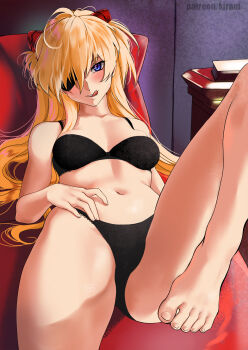1girl ass bare_legs barefoot black_panties blonde_hair blue_eyes blush bra eyepatch feet highres kirani legs_apart licking licking_lips long_hair looking_at_viewer neon_genesis_evangelion panties rebuild_of_evangelion shiny_skin solo souryuu_asuka_langley thong toes tongue tongue_out twintails underwear wide_hips