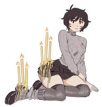 1girl absurdres arched_back breasts cable_knit candle candle_wax curvy heidi_(heytherenrds) highres loose_socks medium_breasts original short_hair simple_background skirt socks solo thighhighs white_background