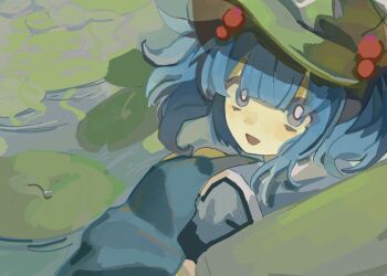 1girl :d backpack bag blue_eyes blue_hair bright_pupils chinese_commentary commentary_request green_hat hair_bobbles hair_ornament hat highres kawashiro_nitori lily_pad looking_at_viewer open_mouth seiryo0425 smile solo touhou two_side_up white_pupils