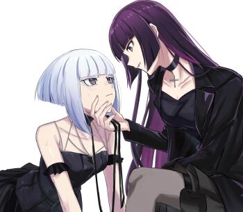 2girls aoki_shizumi bare_shoulders black_choker black_dress black_jacket breasts choker dress highres jacket kurogane_otoha long_hair looking_at_viewer medium_breasts multiple_girls pantyhose purple_hair rock_wa_lady_no_tashinami_deshite shiraya_tamaki short_hair simple_background sitting white_background white_hair yuri
