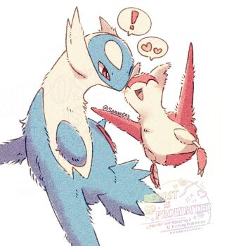 ! blush claws closed_eyes closed_mouth dragon fluff gen_3_pokemon heart latias latios legendary_pokemon nintendo no_humans one_eye_closed open_mouth pokemon pokemon_(creature) pokemon_focus red_eyes sana_(sanaa653) simple_background smile speech_bubble spoken_exclamation_mark spoken_heart white_background